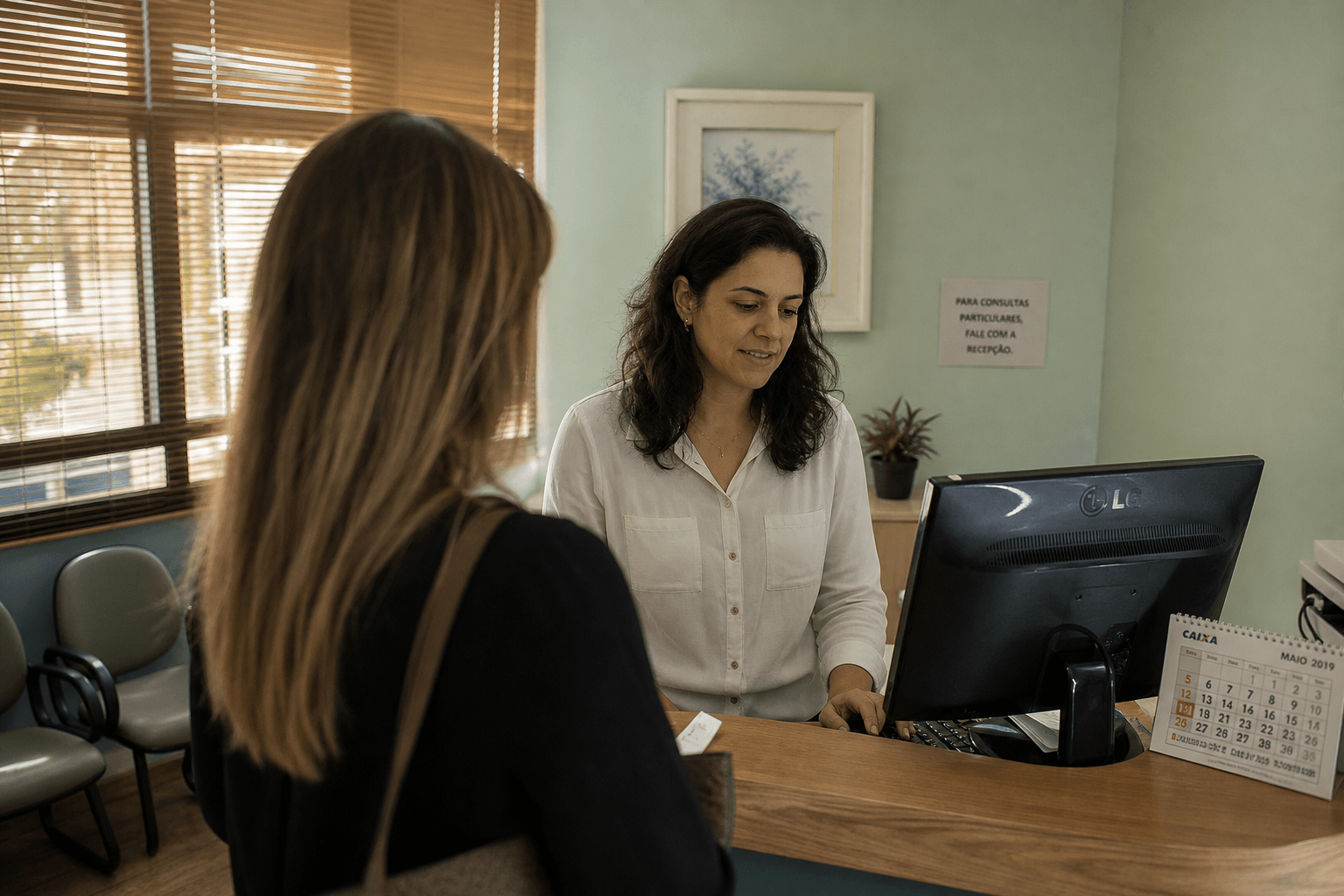 Recepção de clínica em Porto Alegre com profissional organizando agenda e atendimento