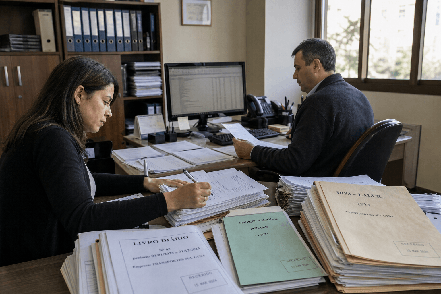 Profissionais em escritório de contabilidade em Porto Alegre com pastas e rotina fiscal